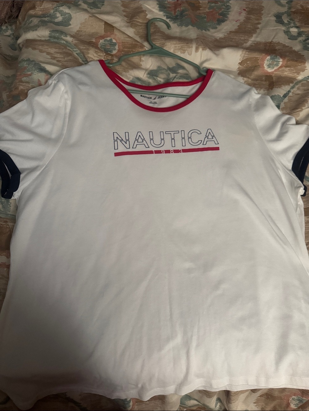 Nautica White Short-Sleeve Tee with Pink Trim and Navy Accents